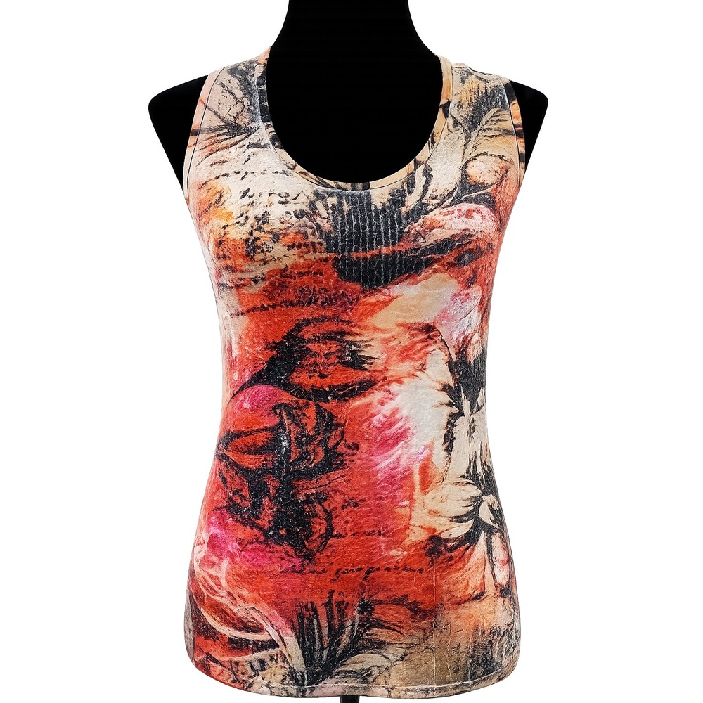Vintage Cache Womens Tank Top Medium Multicolor Tropical Floral Print Sequins
